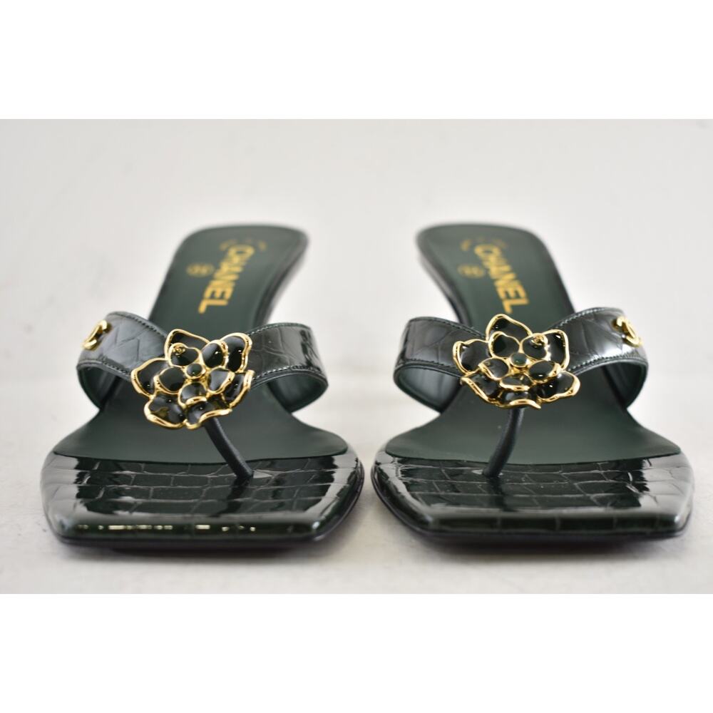 Chanel 26A Green Crocodile Croc CC Flower Backless Mule Heel Thong Sandal 39 - Picture 12 of 16